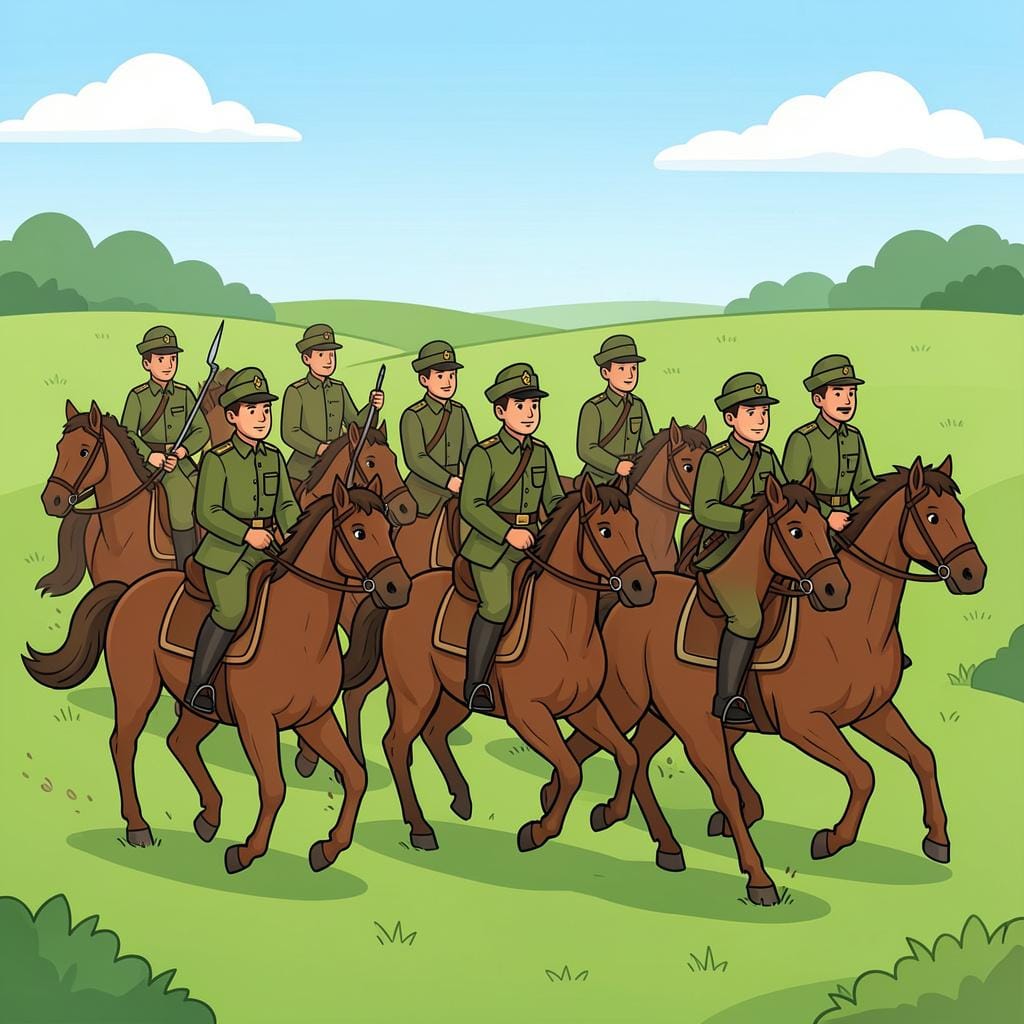 A group of soldiers riding horses in a formation across a field.