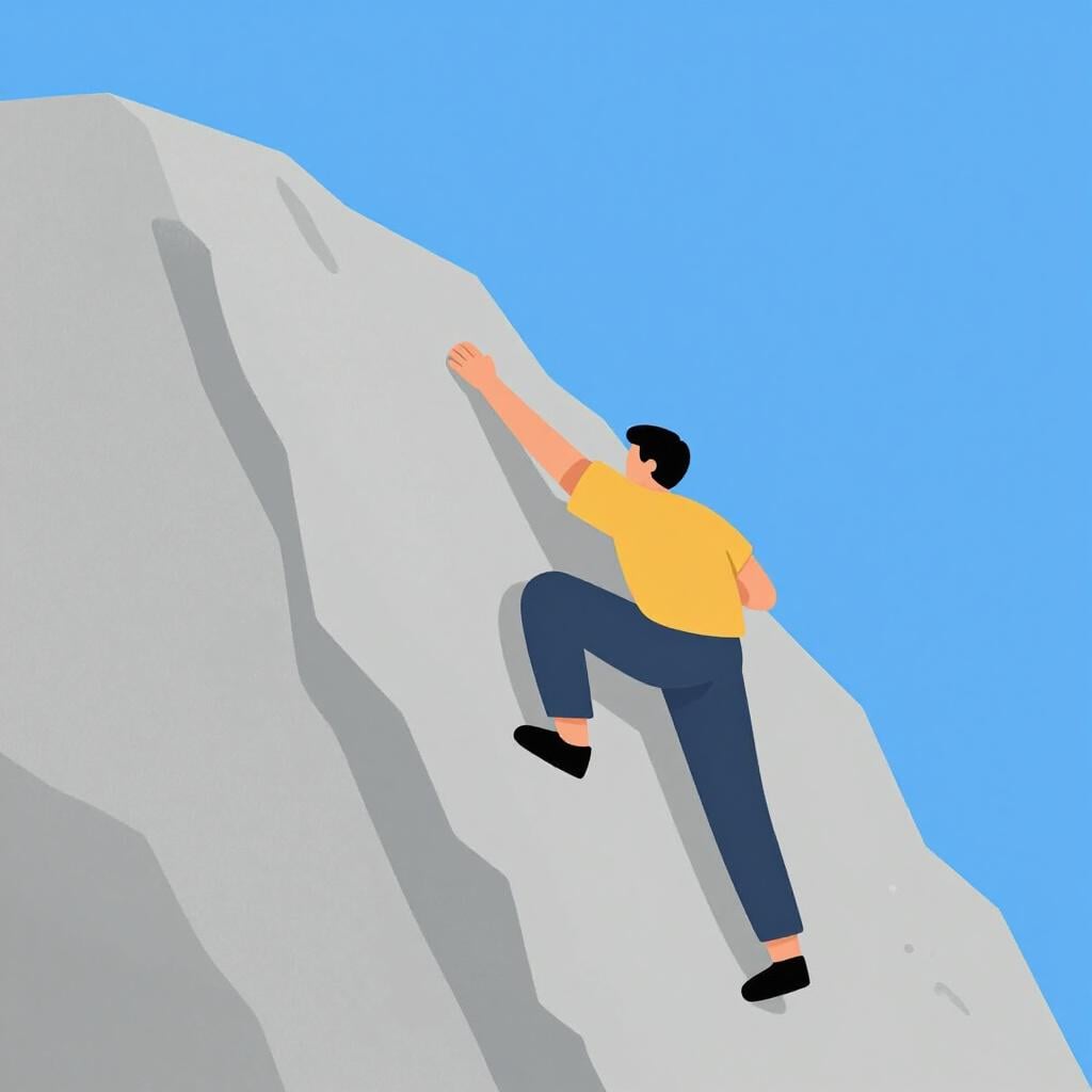 A person wearing a harness climbing up a steep, rocky mountain face.