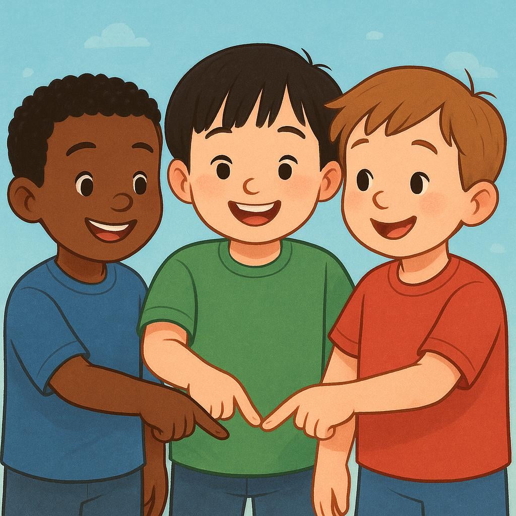 Three smiling young boys standing together, all three boys pointing their fingers directly towards the center of their own group, symbolizing 'themselves'.