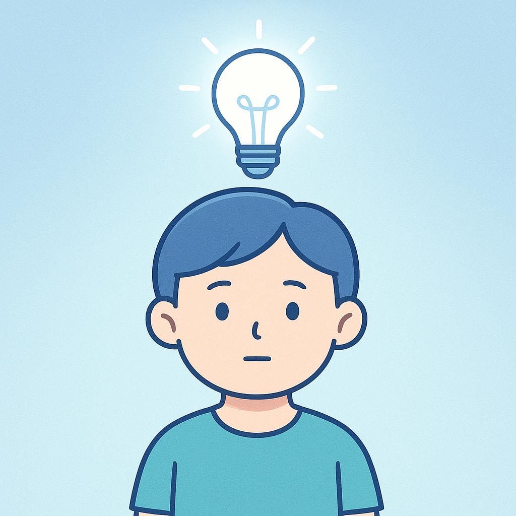 考え込んでいる様子の丸い頭の人物が立っています。その頭の真上に明るく光る白熱電球が浮かんでおり、考えが浮かぶことを象徴しています。