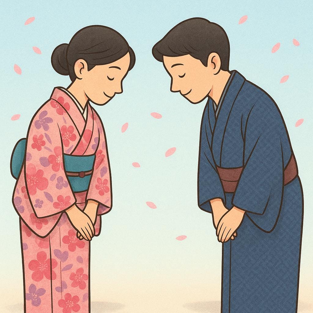 Two adults, a man and a woman, dressed in traditional Japanese kimonos, performing a respectful bow toward each other.