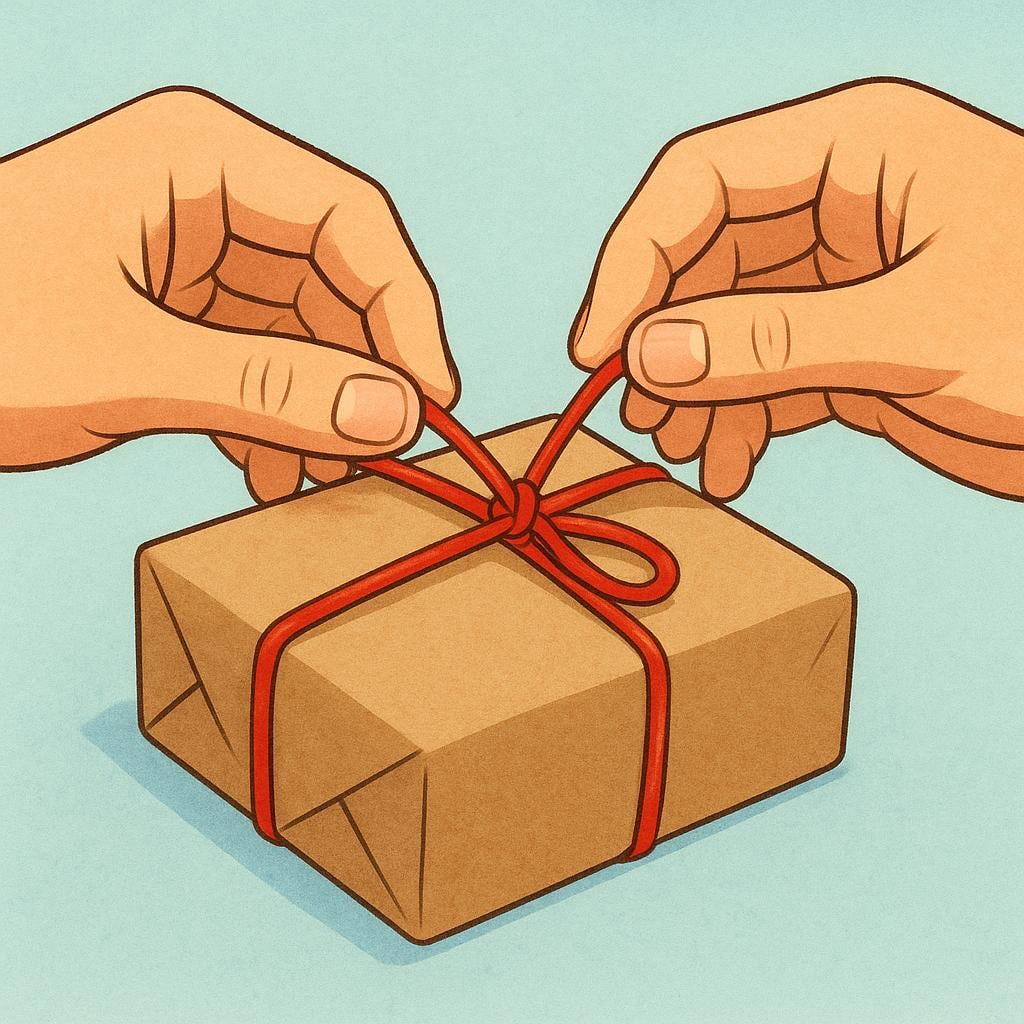 A pair of hands actively pulling the ends of a piece of red string to tighten a knot around a brown package.
