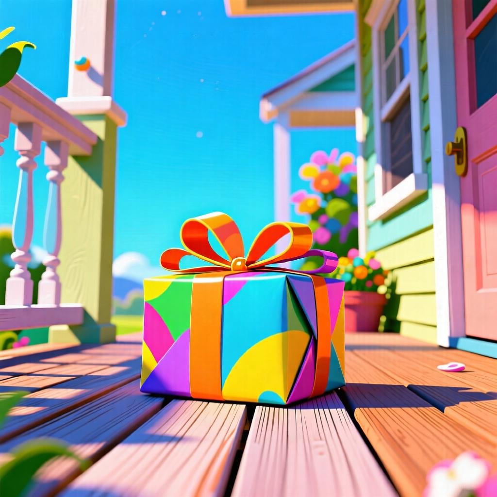 A brightly colored delivery package arriving perfectly on a doorstep under a sunny sky, symbolizing expectation.