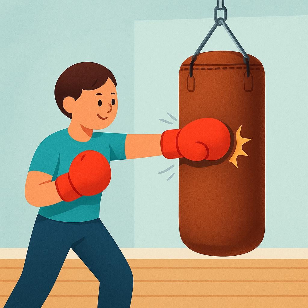 A single figure wearing red boxing gloves actively punching a large brown leather punching bag hanging from the ceiling.