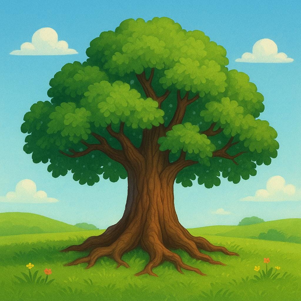 A single, massive oak tree with deep visible roots and a strong trunk standing firmly in a field, symbolizing enduring or lasting.