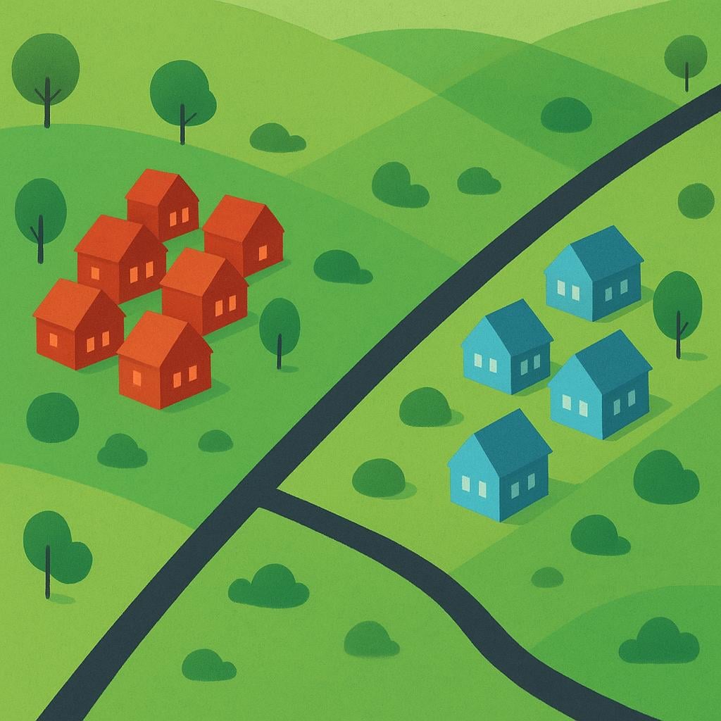 A stylized aerial view illustration showing a green landscape clearly divided by a dashed line. On one side are a few red houses, representing one administrative area, and on the other side are a few blue houses, representing a separate area.