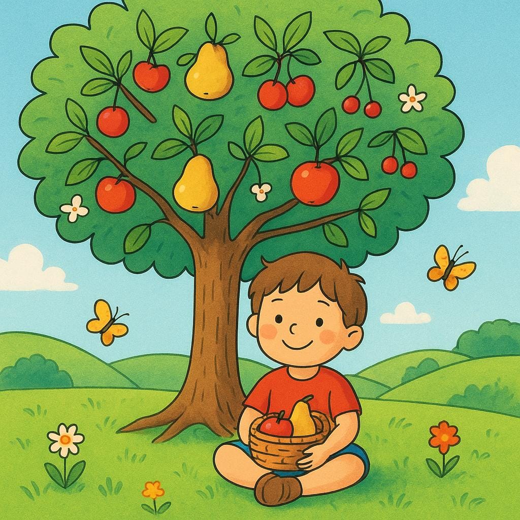 A happy child sitting under a large, flourishing, fruit-bearing tree in a sunny green field, symbolizing a general positive advantage.