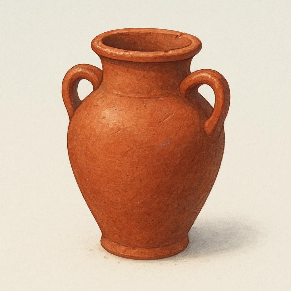 A dusty, cracked clay amphora sitting on a plain surface, illustrating age and history.