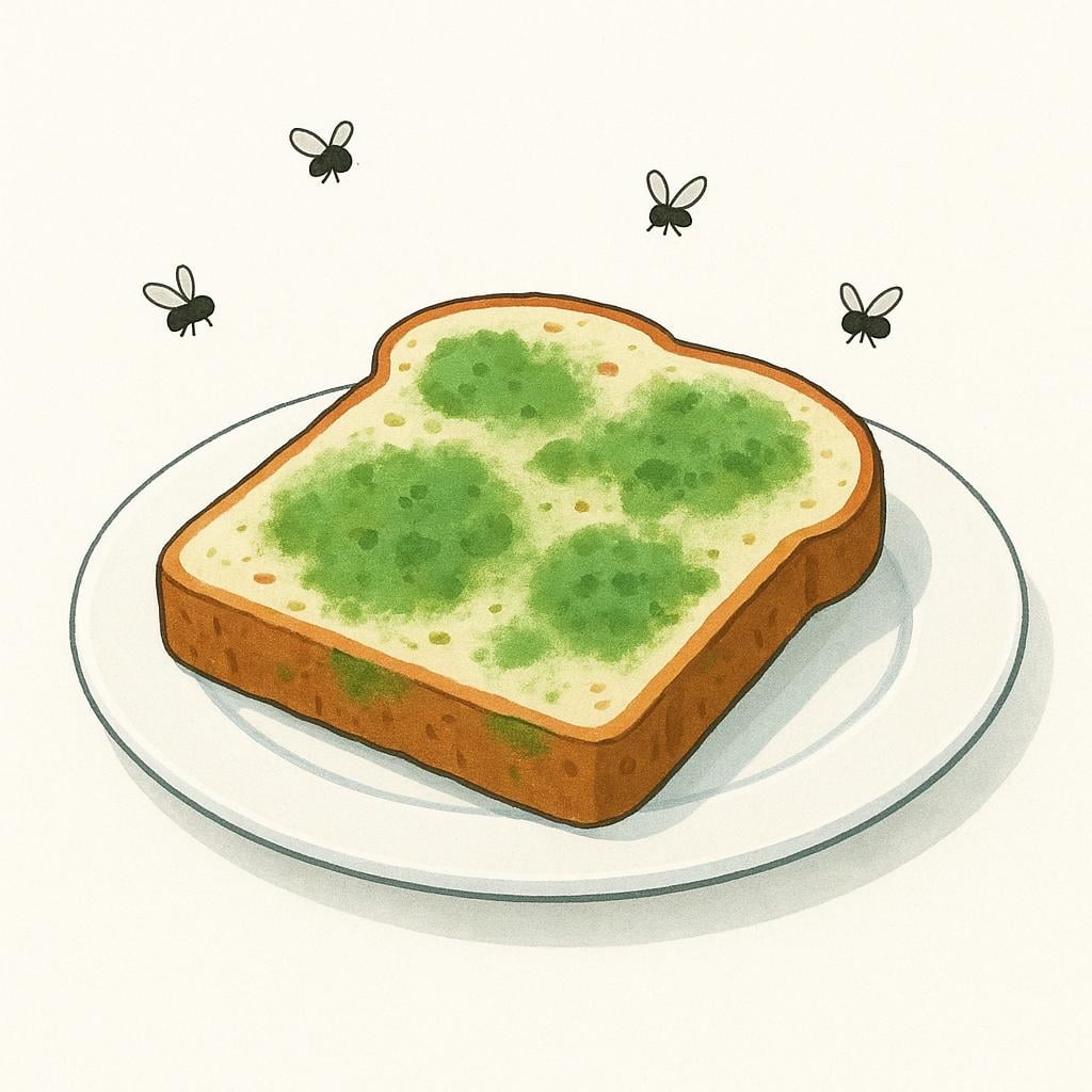 A green, moldy piece of bread with a swarm of small flies around it.