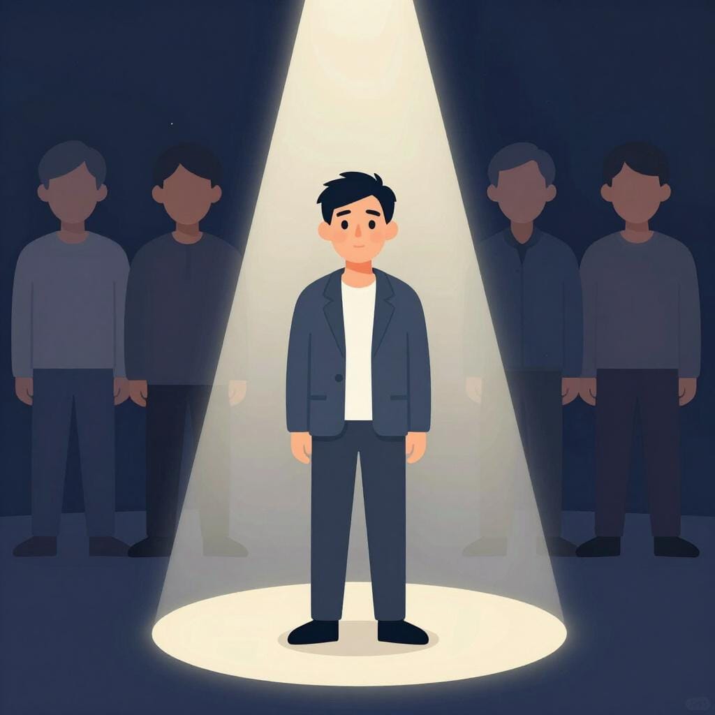 Eine einfache Illustration eines Filmsets. Im Vordergrund ist eine Figur hell beleuchtet und detailliert. Im Hintergrund warten mehrere identische, etwas weniger detaillierte, generische Figuren.