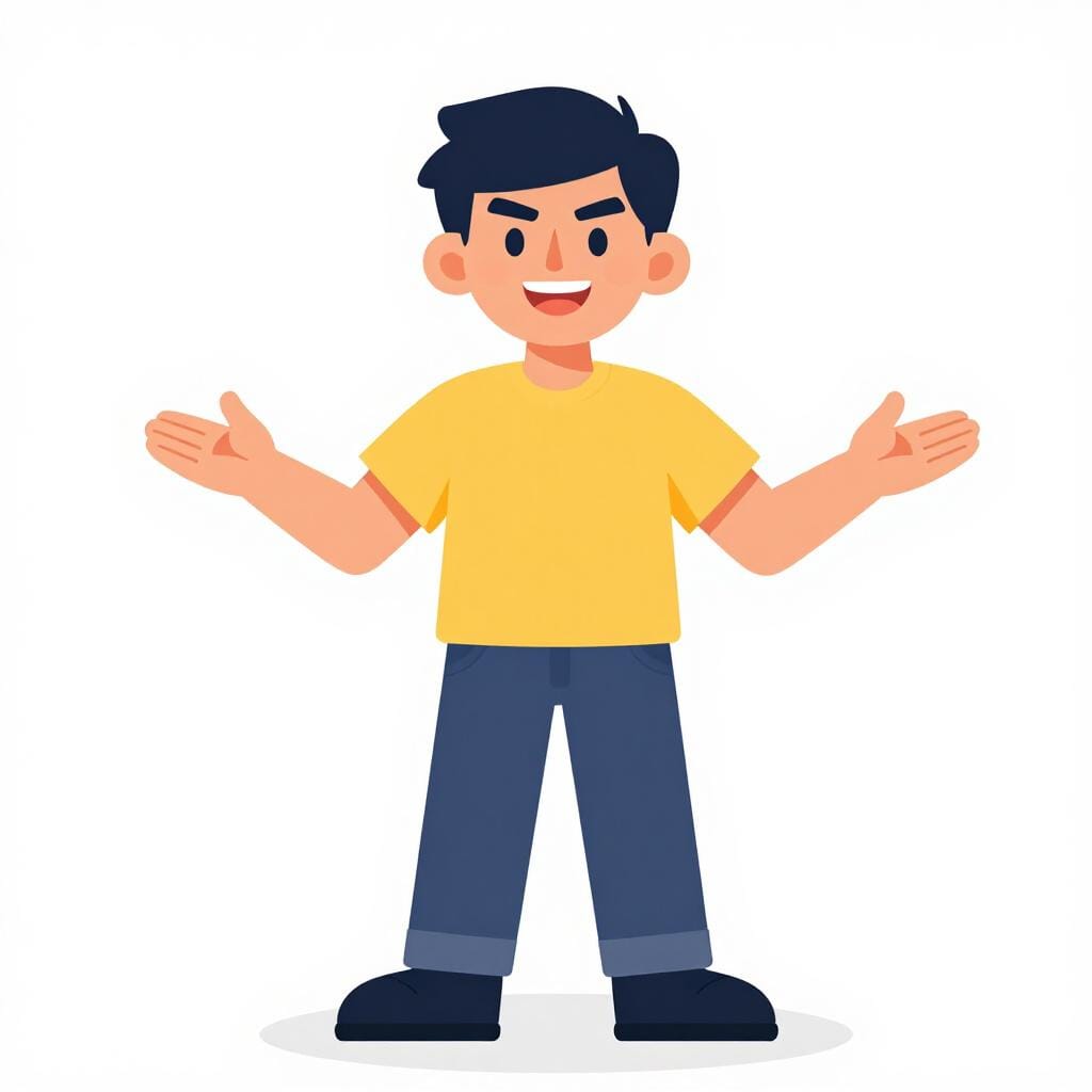 Un personnage de dessin animé avec un sourire éclatant, tendant la main avec enthousiasme dans un geste d'accord ou de préparation.