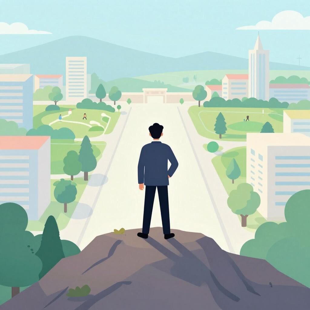 A person standing on a high mountain peak overlooking a vast city, representing influence.