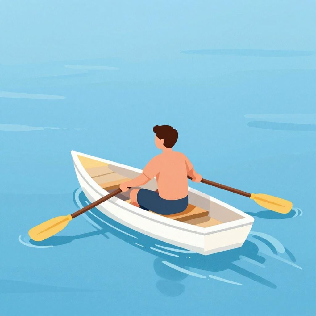 A person sitting in a small wooden boat on a blue lake, holding oars and moving them through the water.