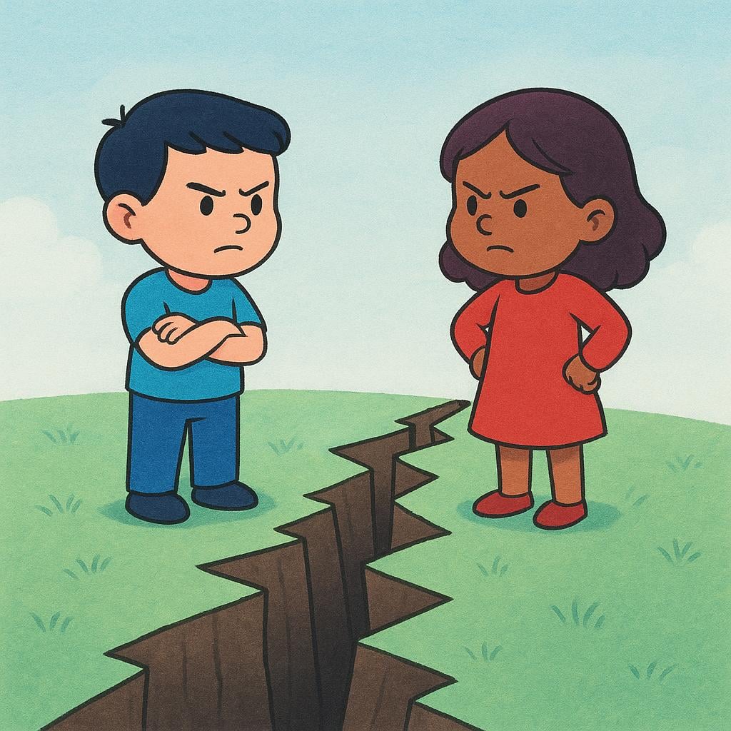Two simplified figures standing on opposite sides of a wide crack in the ground, facing each other with frowning expressions, symbolizing conflict or opposition.