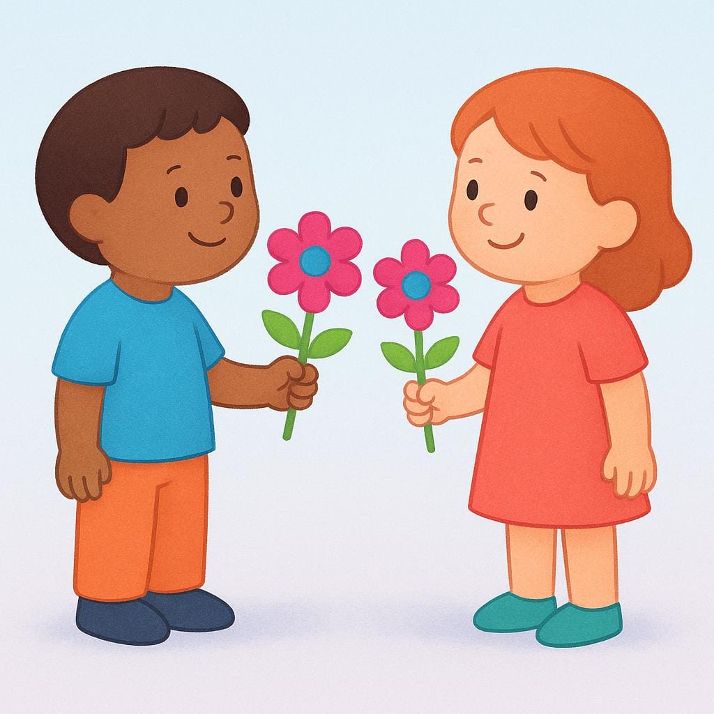 2人の友好的な人物が、お互いに同じ黄色の花を同時に手渡しており、相互性を象徴している。