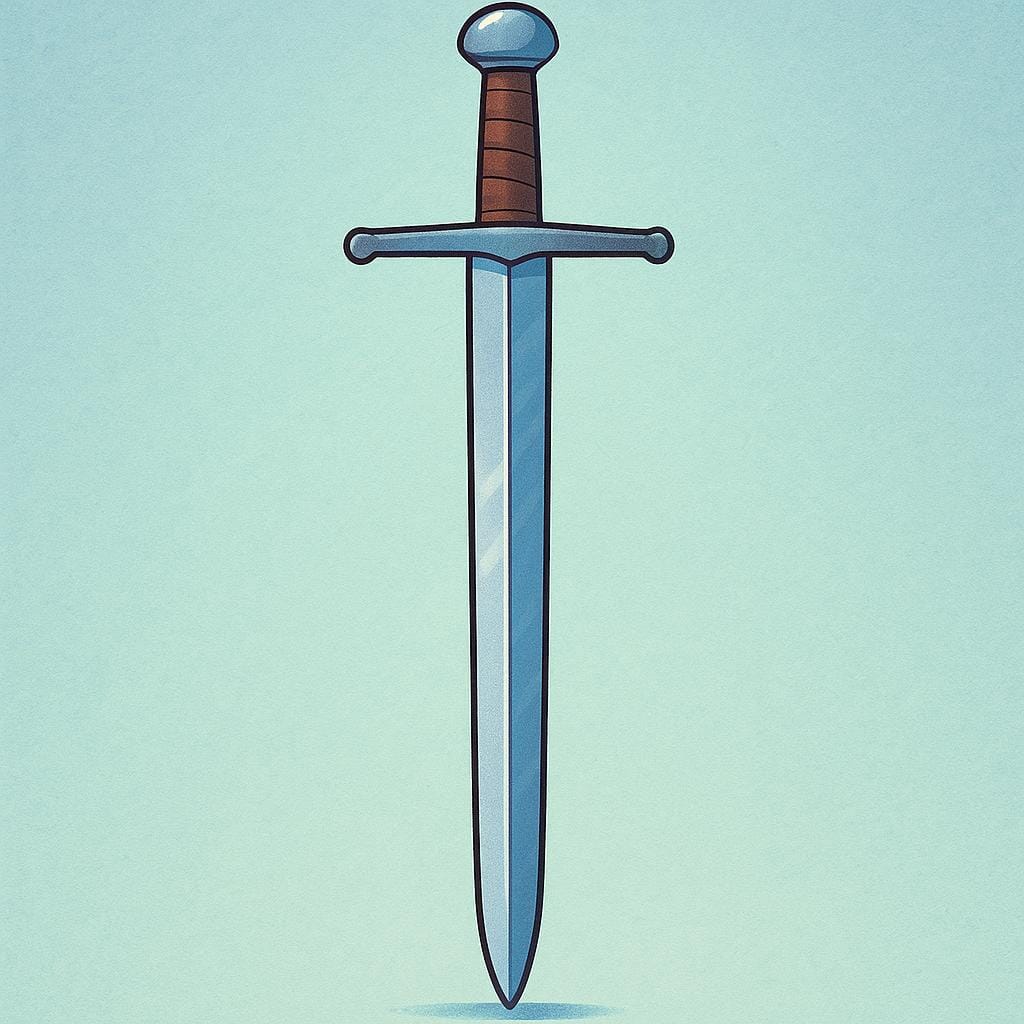 A straight, silver medieval sword with a simple crossguard and handle, standing upright.