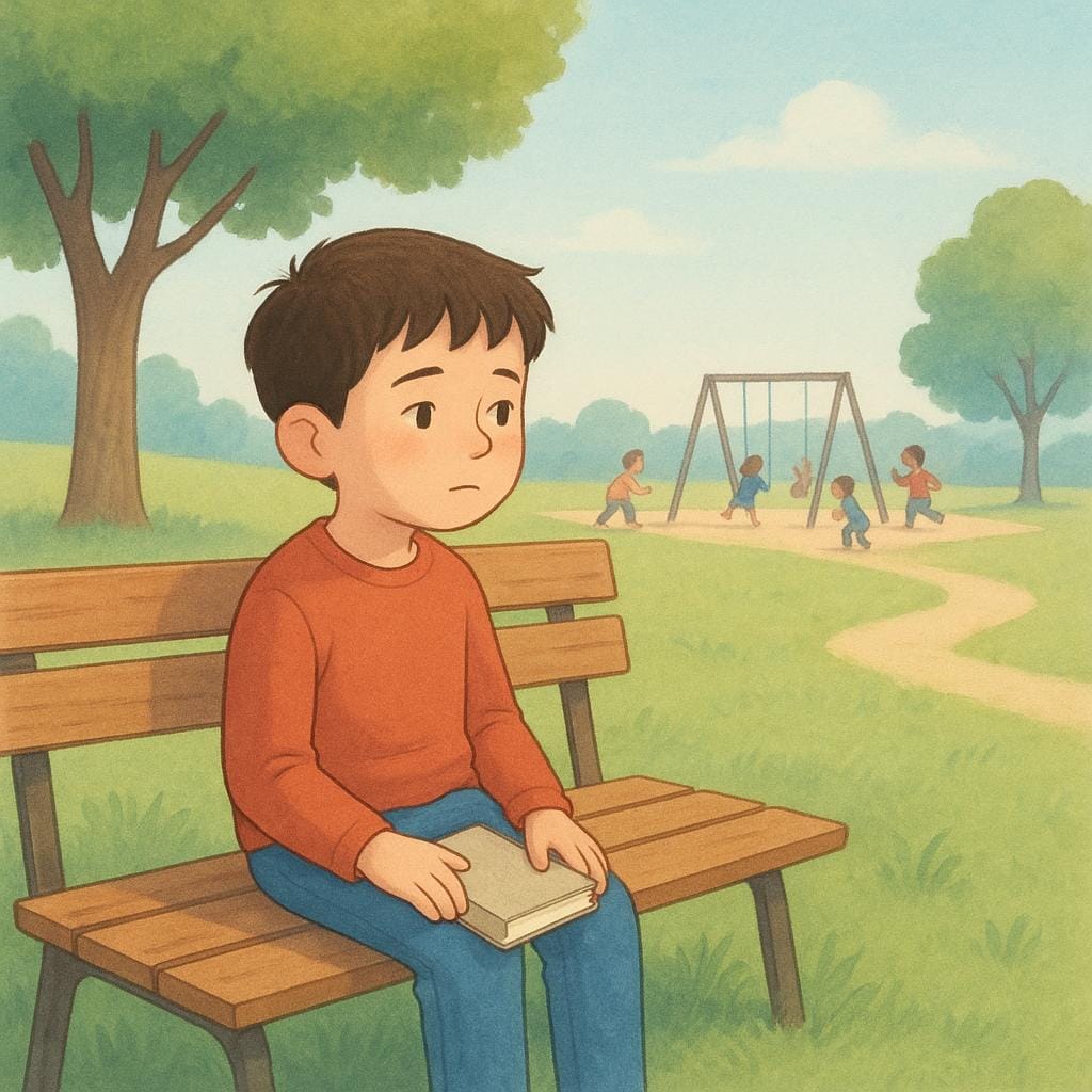 Un jeune garçon calme assis seul sur un banc de parc, observant d'autres enfants jouer au loin sans se joindre à eux.