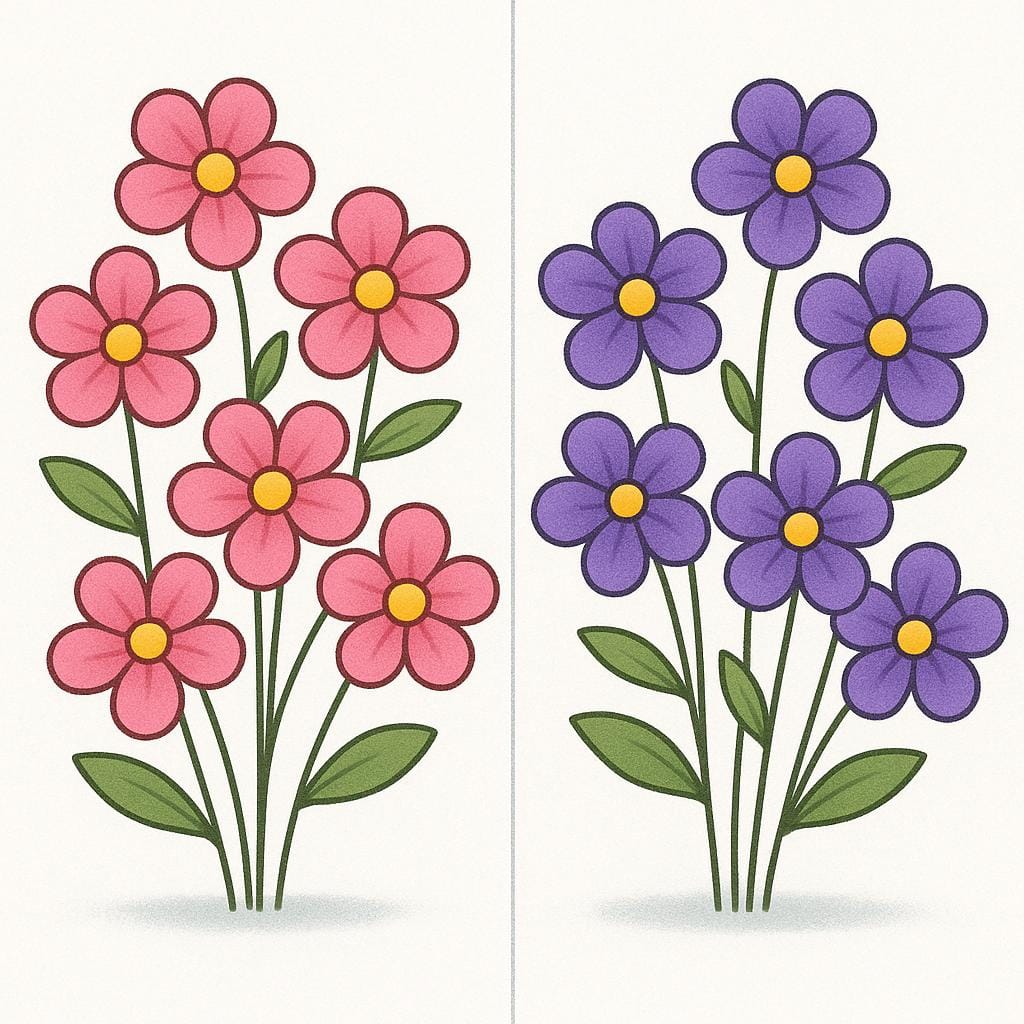 Dois grupos separados e distintos de flores. O grupo à esquerda consiste em rosas vermelhas, e o grupo à direita consiste em rosas amarelas. Ambos os grupos contêm exatamente o mesmo número de flores, demonstrando igualdade na quantidade.