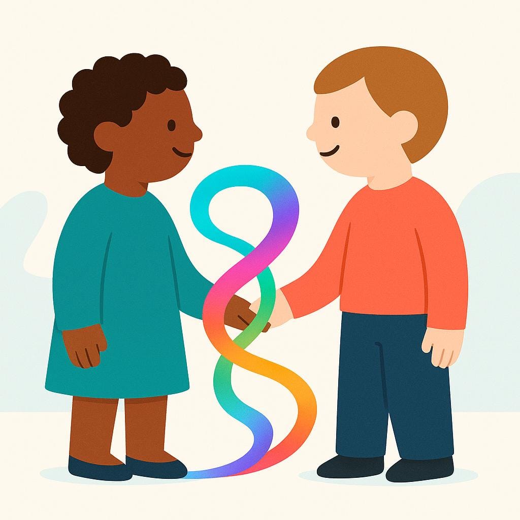 Two stylized figures connected by a bright ribbon, symbolizing an interpersonal relationship.