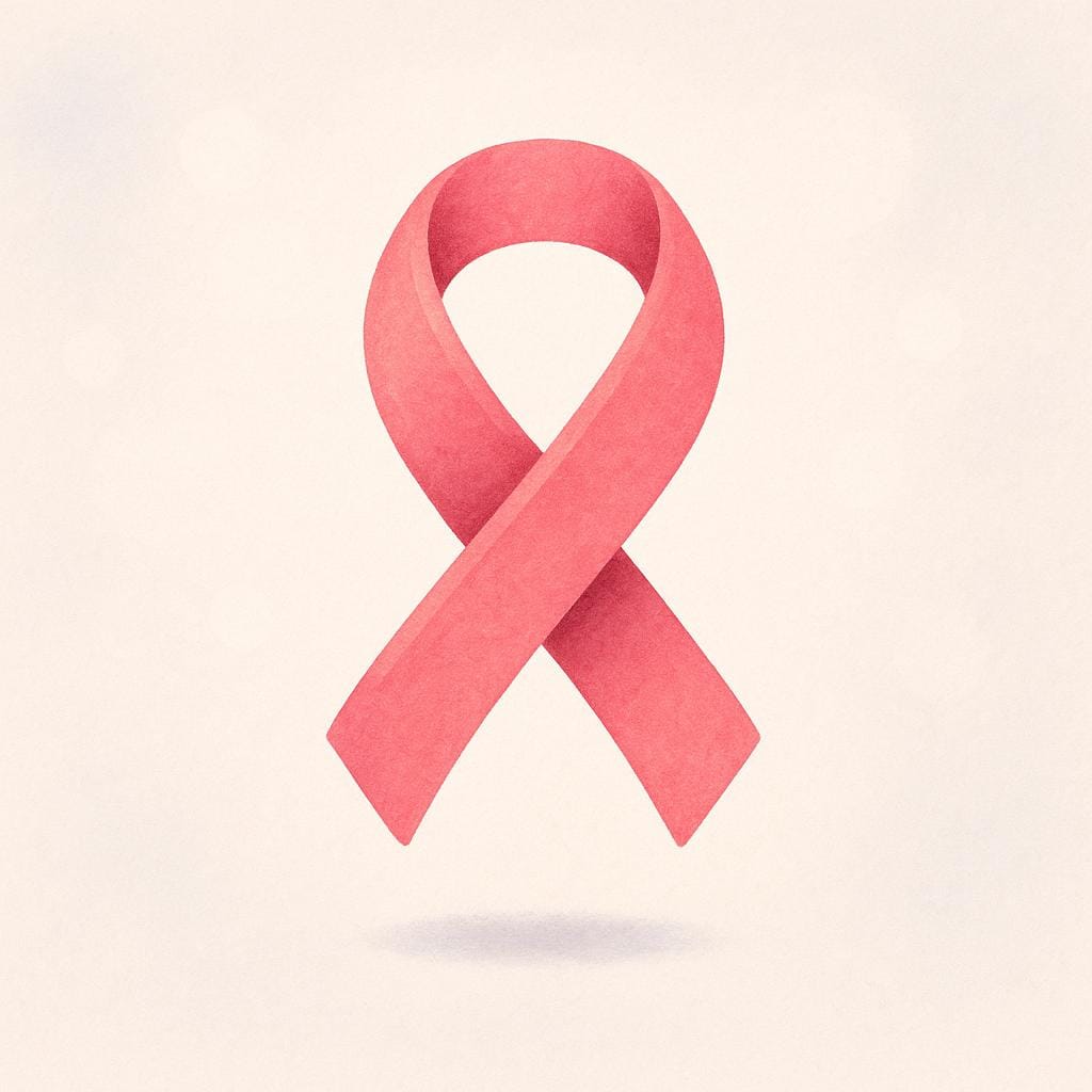 A simple, stylized pink ribbon tied into a loop, the universally recognized symbol for cancer awareness.