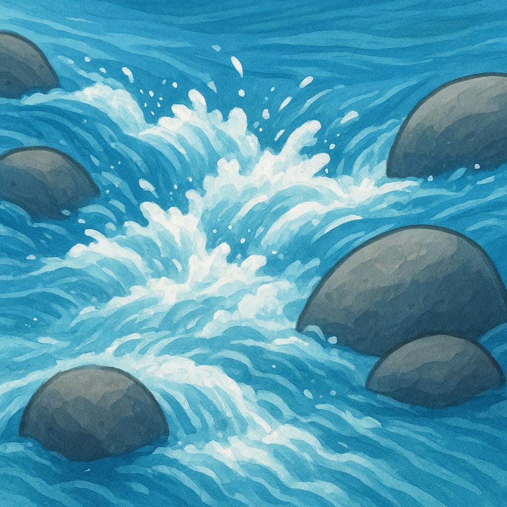 A turbulent section of a river where white water crashes violently over large, smooth gray rocks.