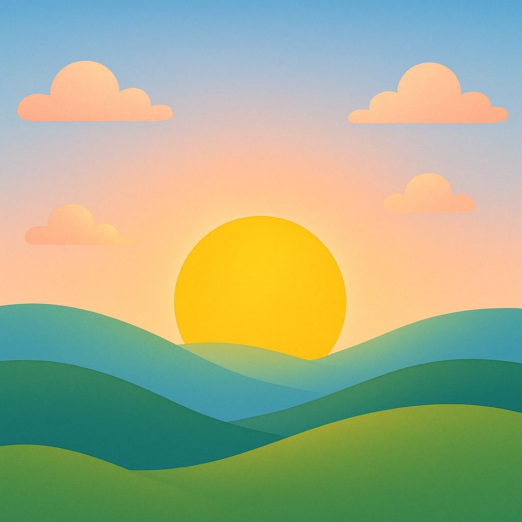 A bright, simple illustration of the sun rising over a peaceful horizon, symbolizing the morning.
