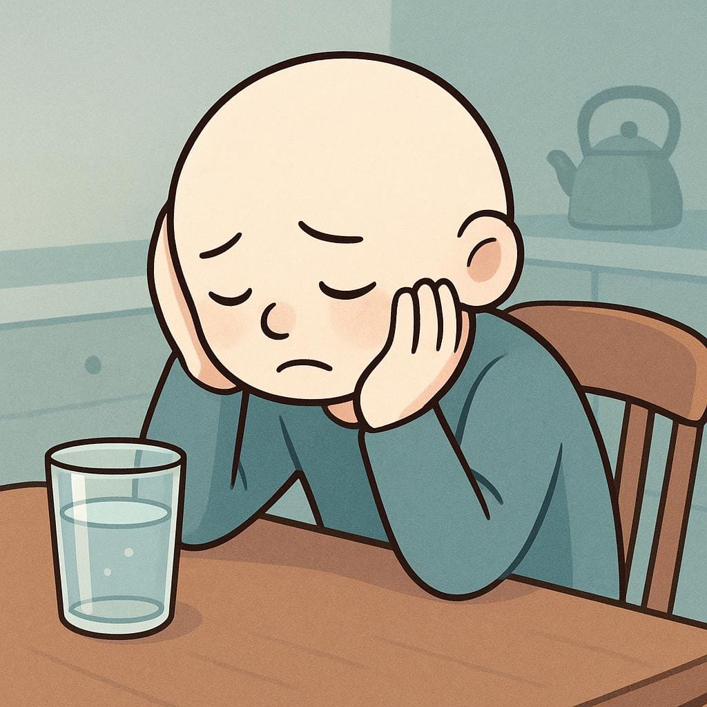 A pale, simplistic figure sitting slumped at a table, holding their head in their hands, looking unwell. A glass of water is nearby.