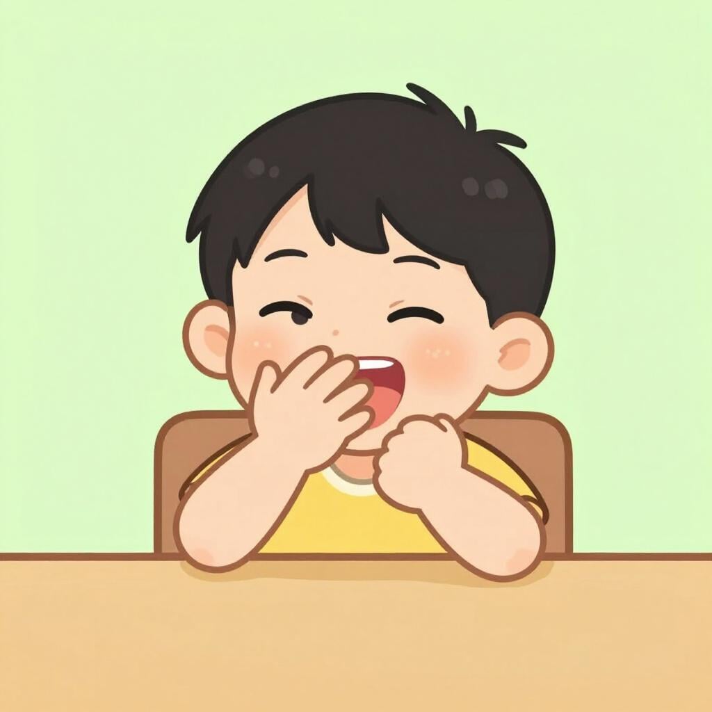 A child hiding a mischievous smile behind their hand while sitting at a dinner table.
