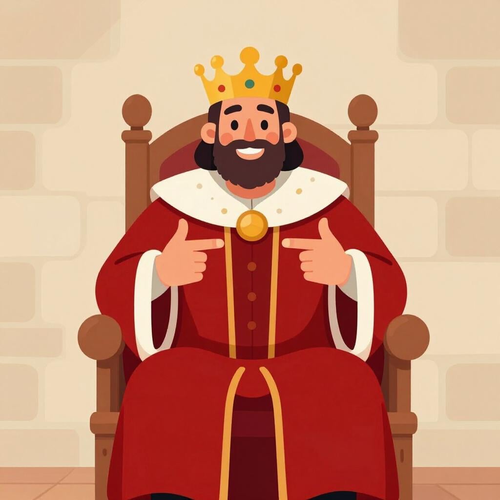 Um rei sentado num trono, apontando para si mesmo com uma expressão orgulhosa para mostrar que ele é o único governante.