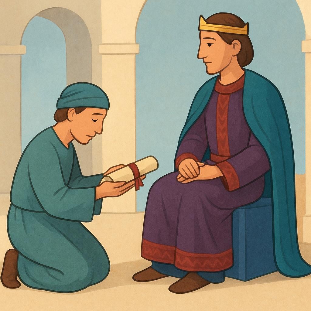 A person kneeling respectfully and presenting a closed scroll to a seated, serious-looking figure, symbolizing a formal request or serious plea.