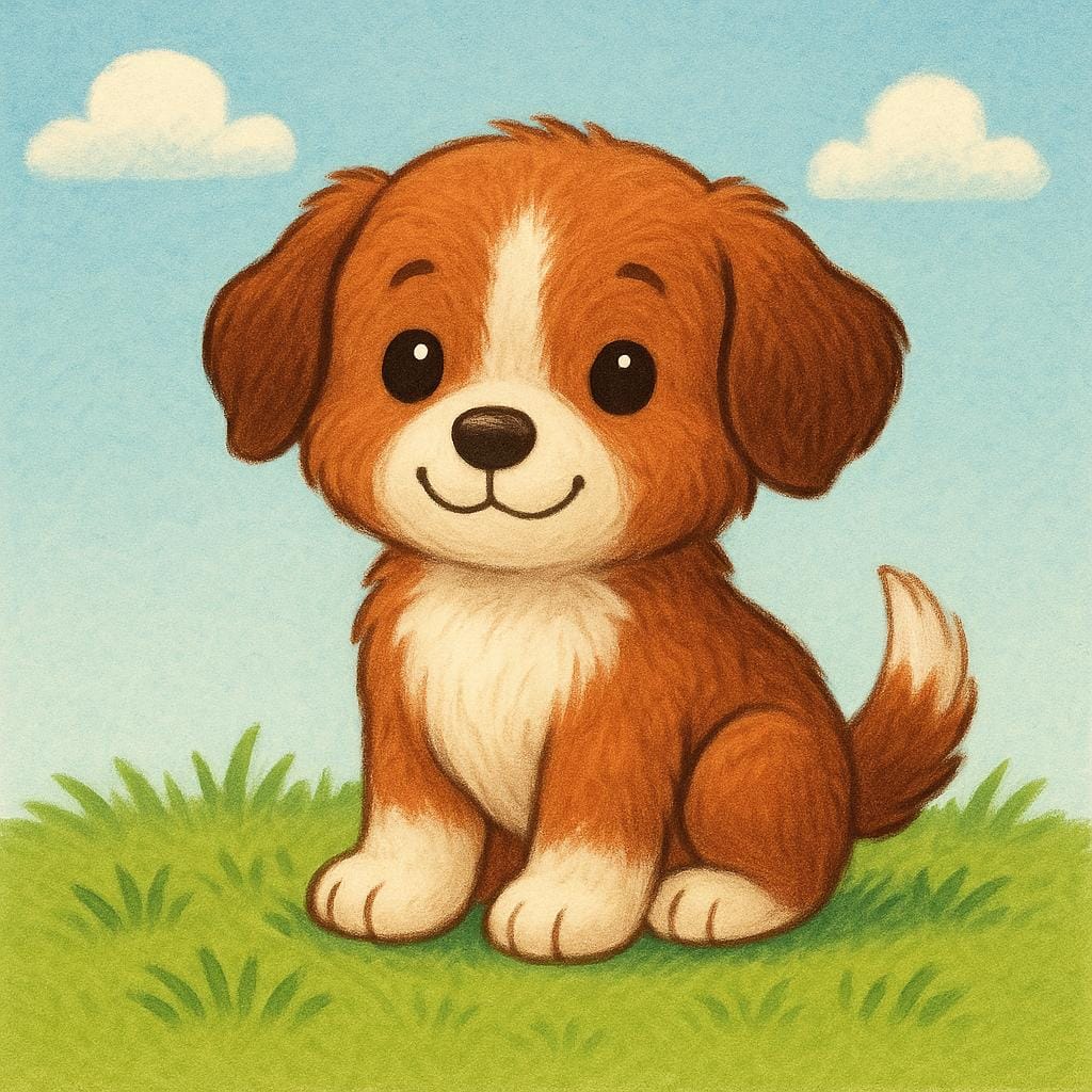 A cute, small brown and white puppy sitting patiently on a patch of green grass.