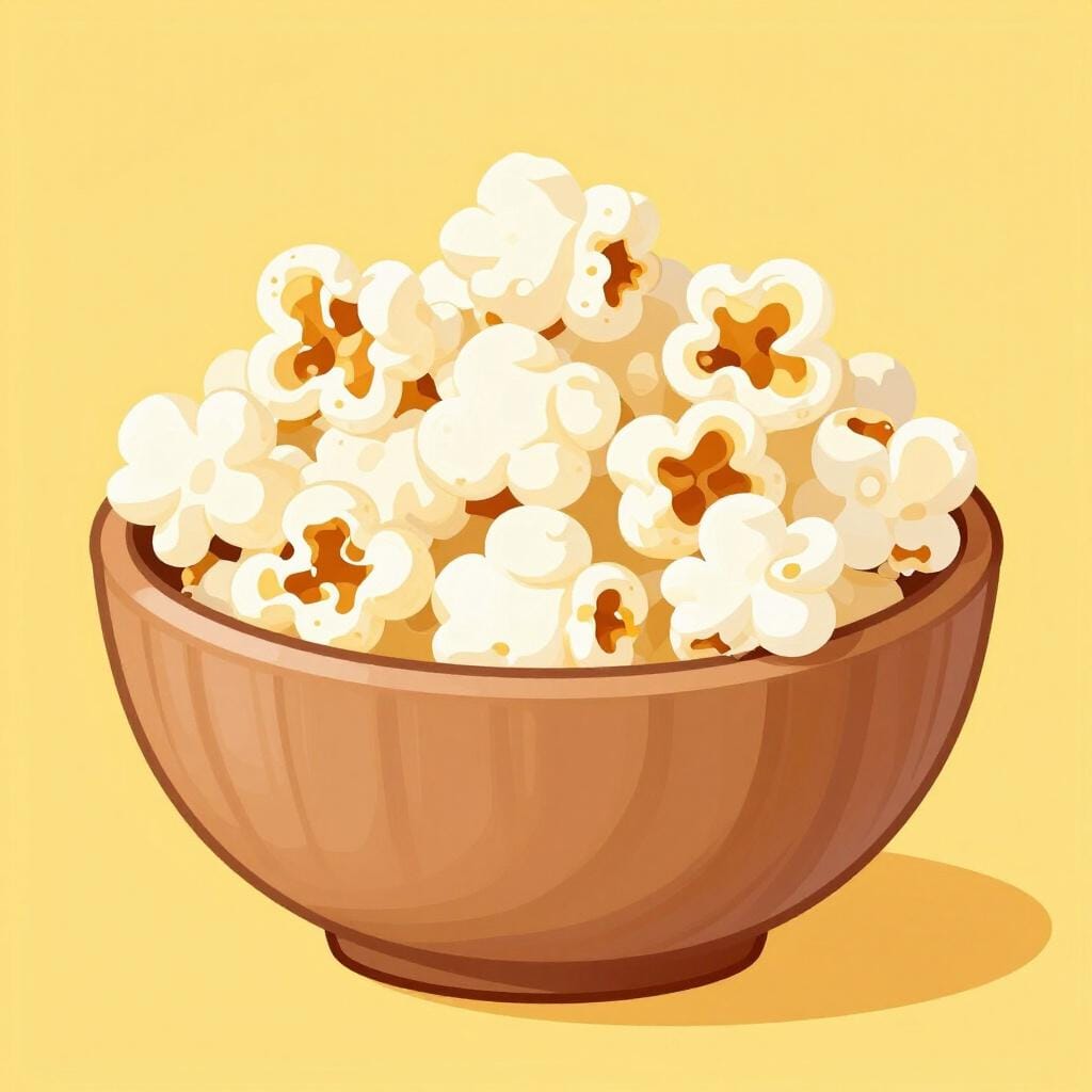 A wooden bowl filled with fluffy, white popcorn against a bright yellow background.