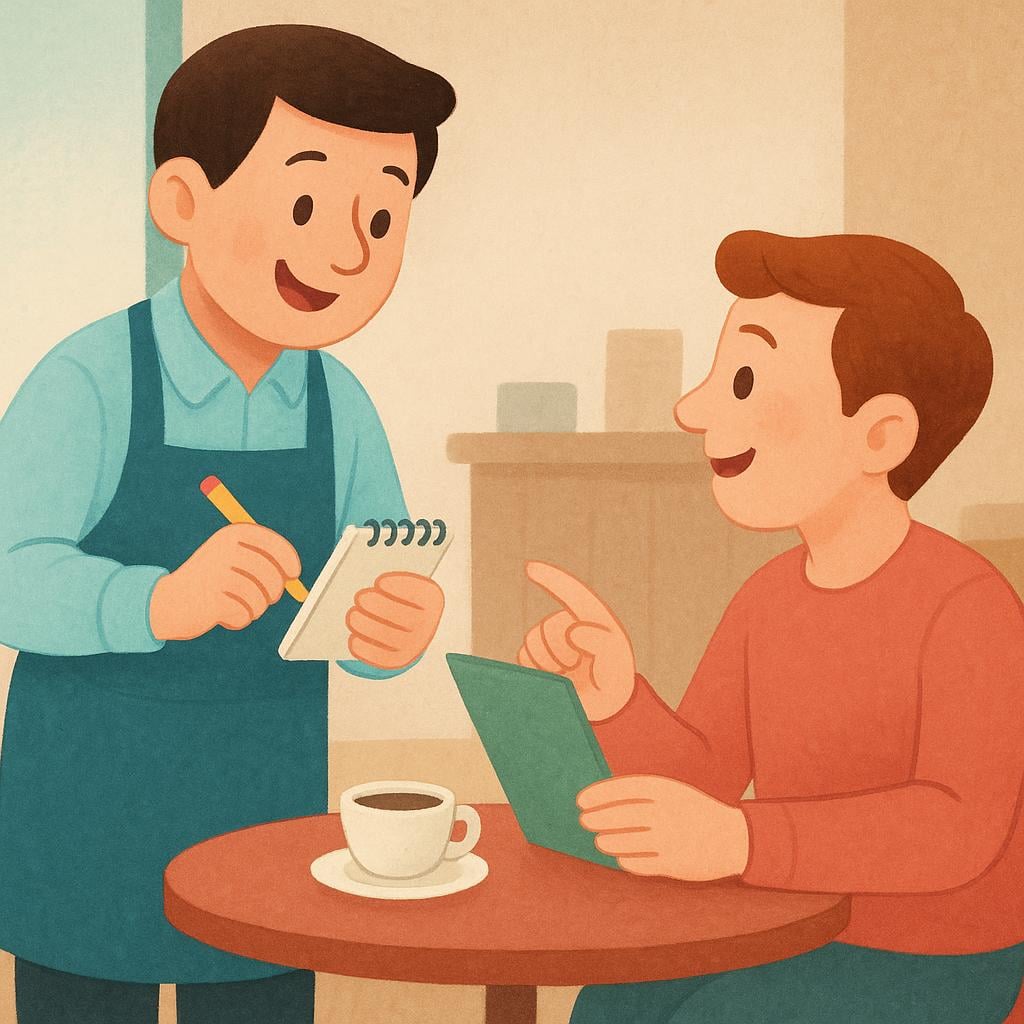 A storybook illustration of a waiter taking a food request from a customer at a cafe table, symbolizing a service order.