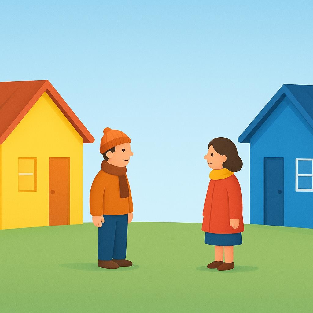 A man stands outside a small yellow house on the left, and a woman stands outside a small blue house on the right. The two figures and houses are clearly separated by a large distance.