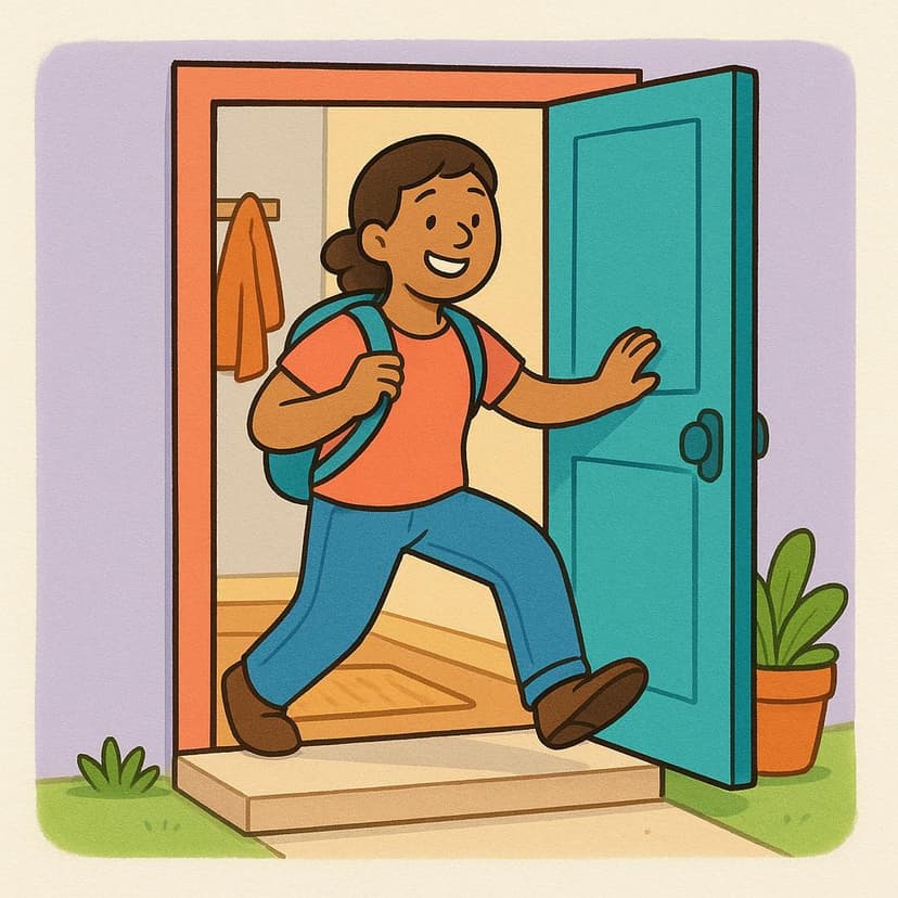 A friendly person with a small backpack is happily stepping across the threshold of a brightly colored home, signifying their completed journey and arrival.