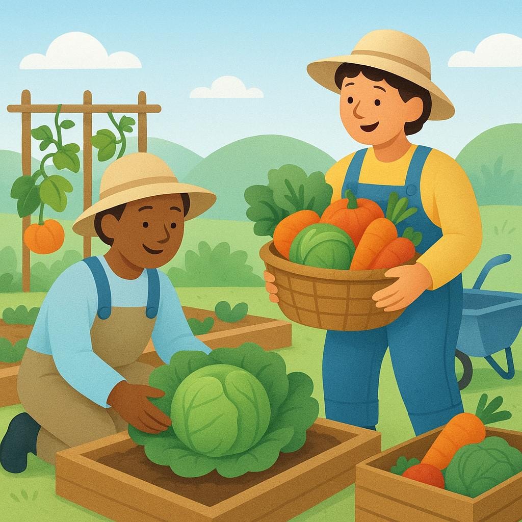 Duas figuras colhendo alegremente vegetais grandes e maduros de um jardim florescente, simbolizando ganhar a vida.