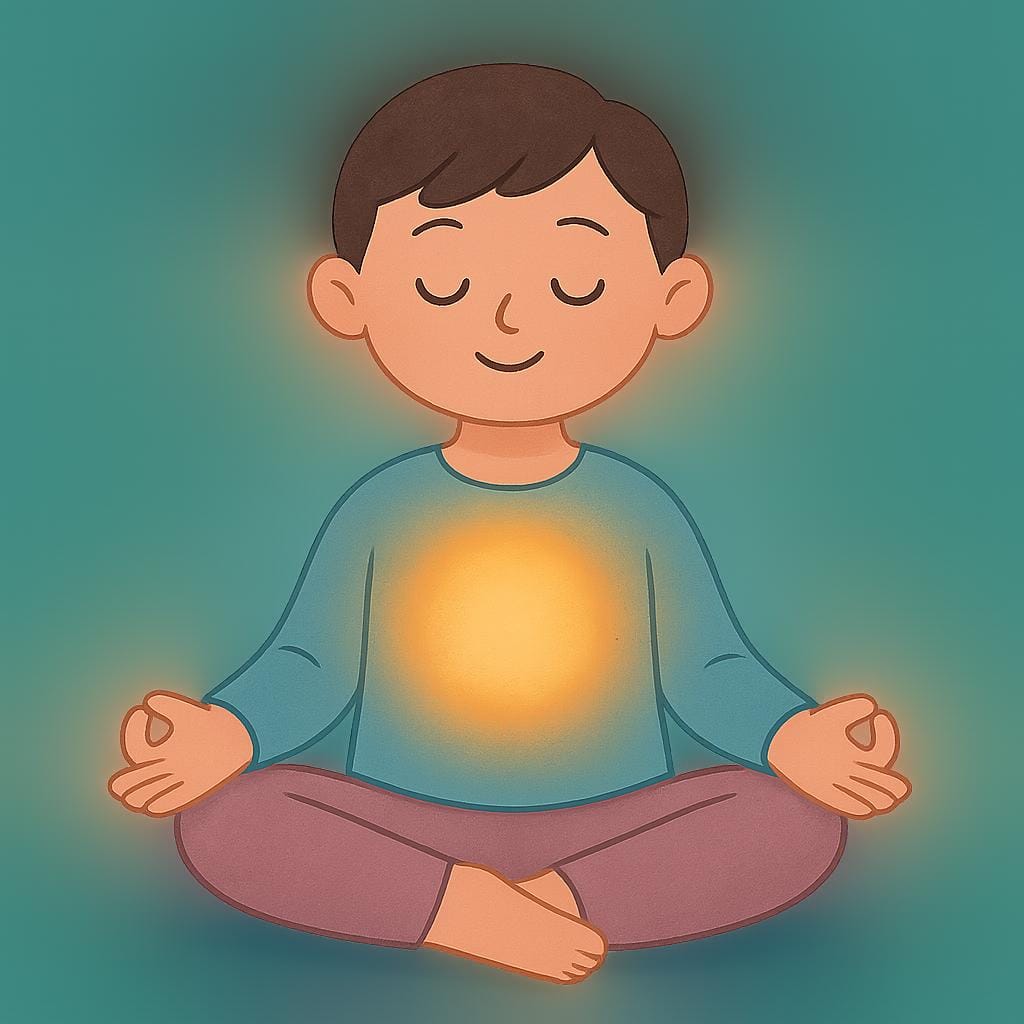 A stylized illustration showing a simple, faceless human figure sitting peacefully. A bright, soft golden light is emanating from the center of the figure's chest, symbolizing the soul or inner being.