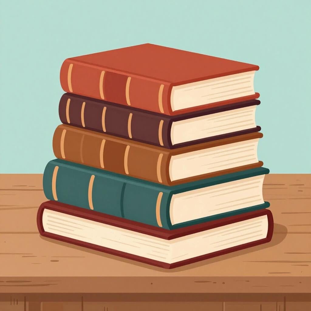 A tall stack of old, thick leather-bound books on a wooden table.