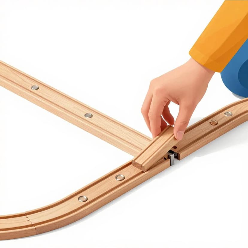 A child adding more colorful building blocks to a wooden train track to make it much longer.