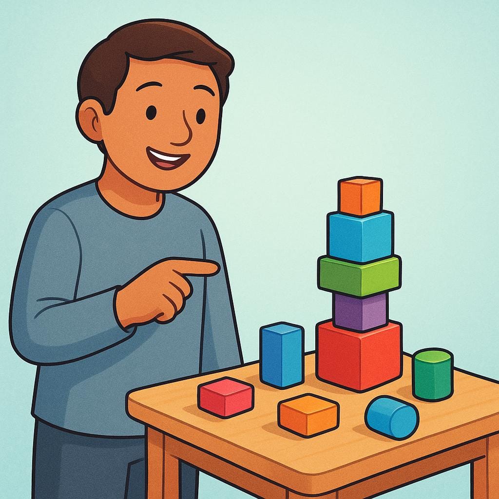 A storybook illustration featuring a friendly adult figure standing next to a table with various colored building blocks. The adult points directly at the blocks with an encouraging and instructional expression.