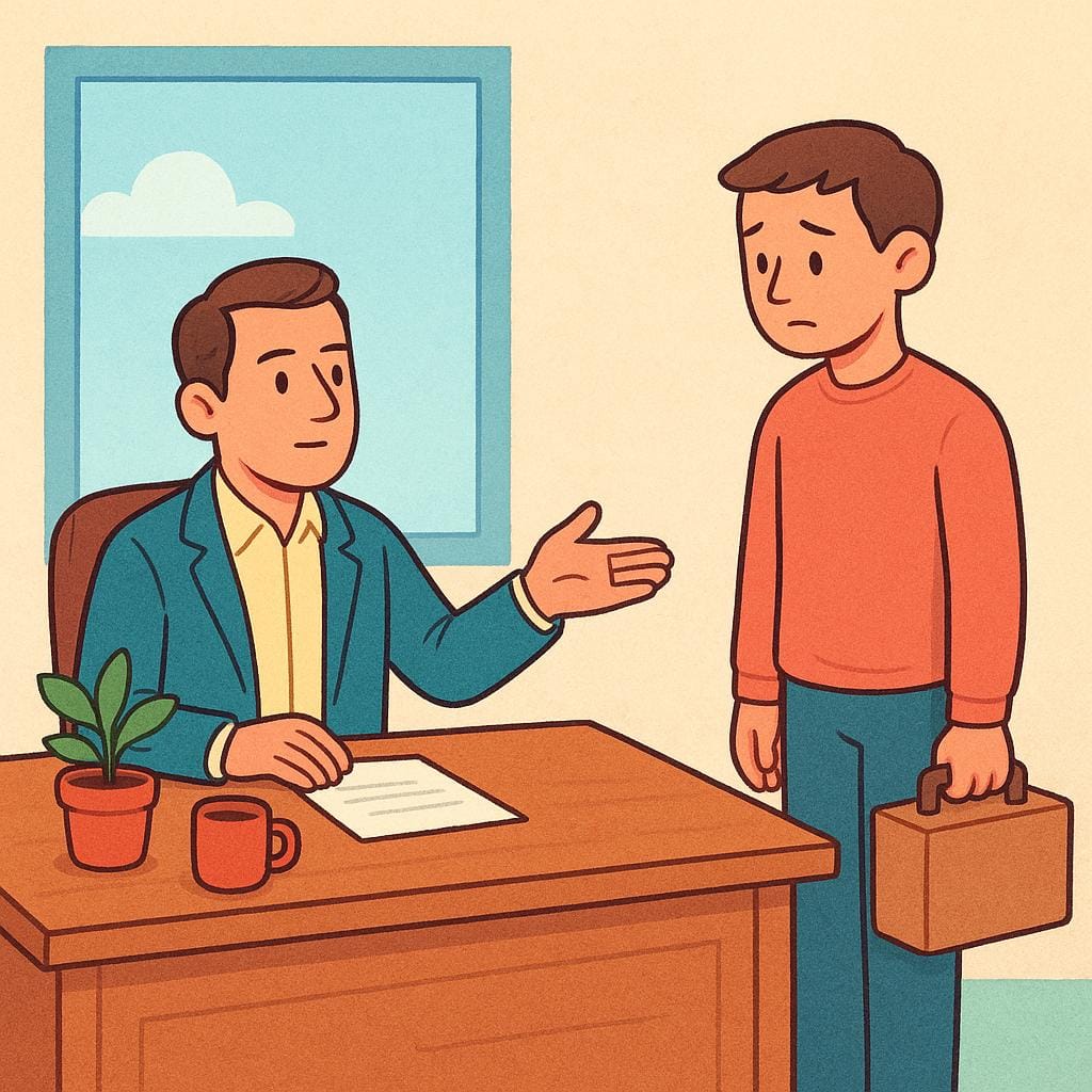 A figure sitting behind a desk making a clear 'go away' or 'finished' hand gesture towards another figure standing nearby, symbolizing being dismissed.