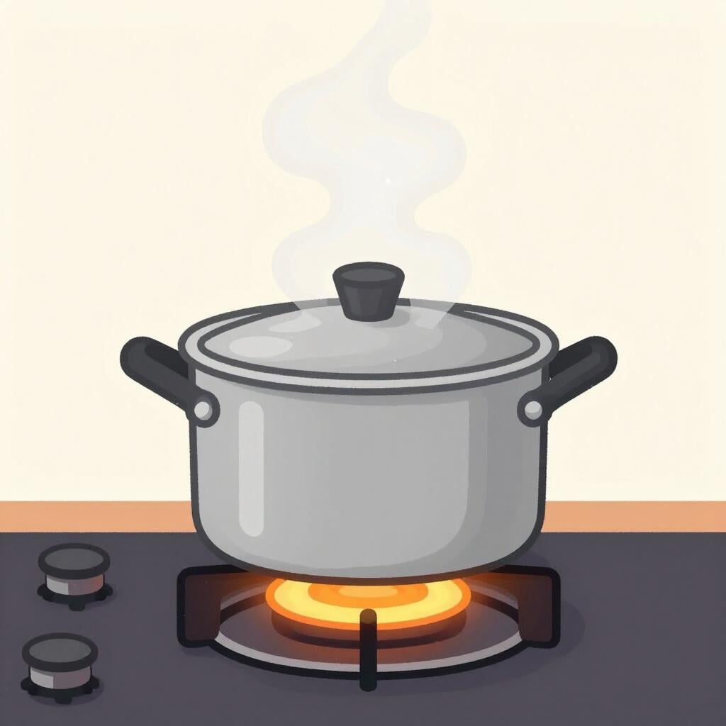 A pot of soup sitting on a glowing stovetop burner with steam rising from it.