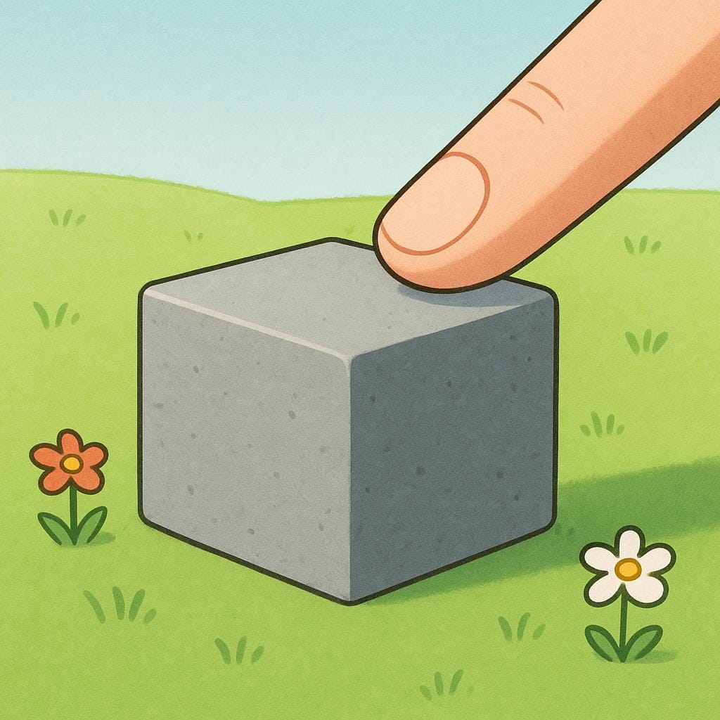 A cartoon finger taps a solid, gray cubic stone block resting on a soft meadow.