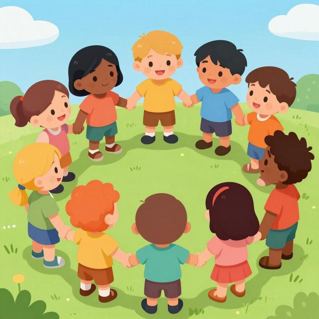 A diverse group of children from various ethnic backgrounds holding hands in a circle.