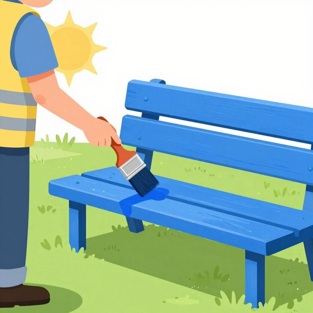 Uma pessoa com um colete brilhante pintando um banco de parque com um pincel.