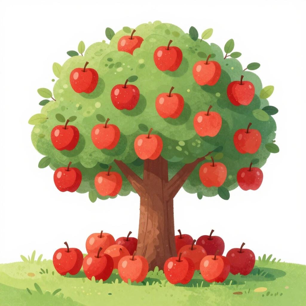 An apple tree with many bright red apples on its branches and on the ground.