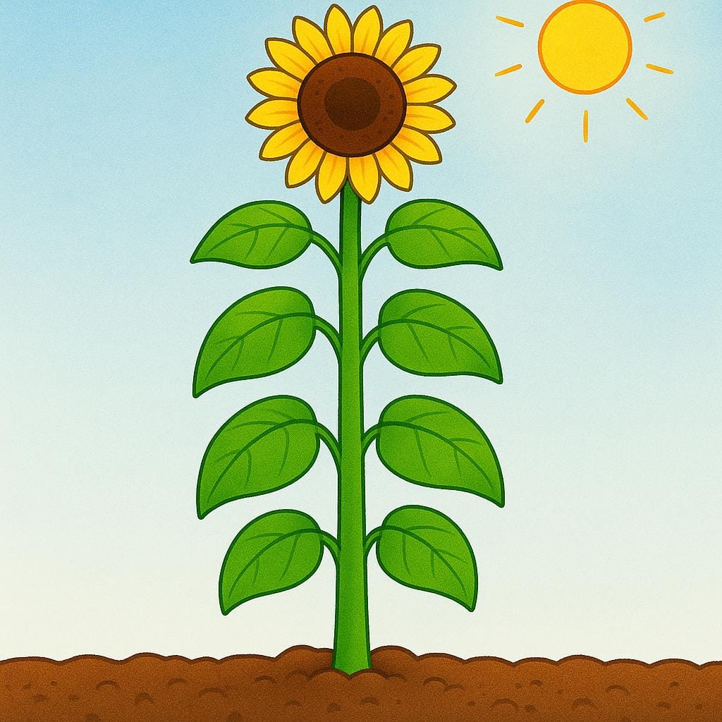 A robust, tall sunflower plant that has grown large, standing in rich soil under a blue sky.