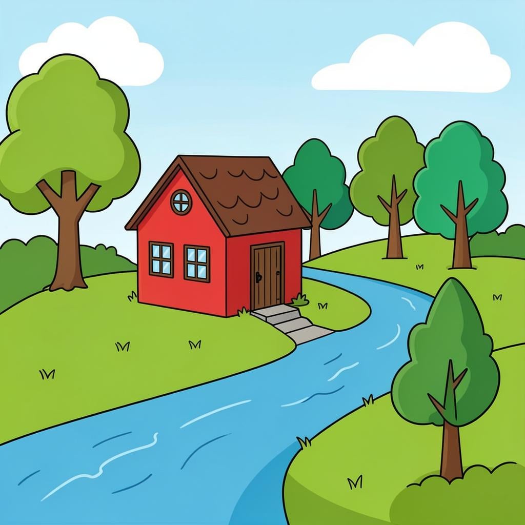 A small cozy cottage in the center of a landscape with rolling green hills, a winding stream, and colorful trees.