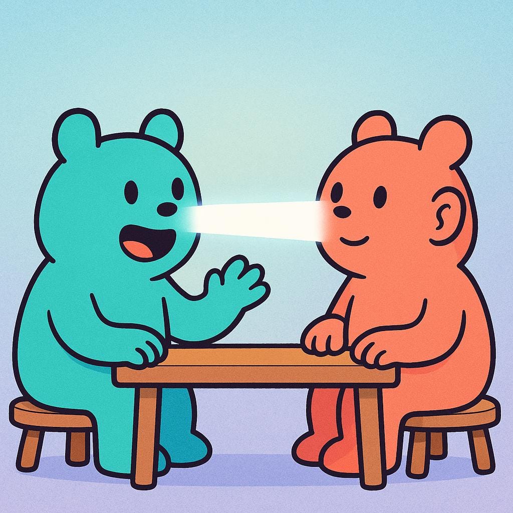 Twee stripfiguren zitten aan tafel. Een rechte, dikke lichtstraal strekt zich uit van de mond van de spreker recht naar het oor van de luisteraar, wat duidelijke en open communicatie illustreert.