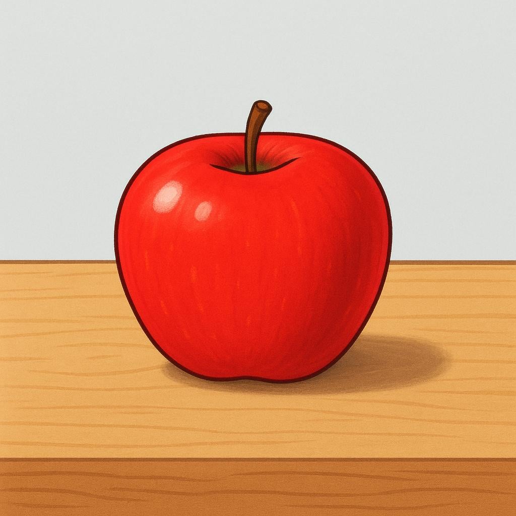 A simple storybook illustration featuring a single, perfect red apple placed centrally on a plain wooden surface.